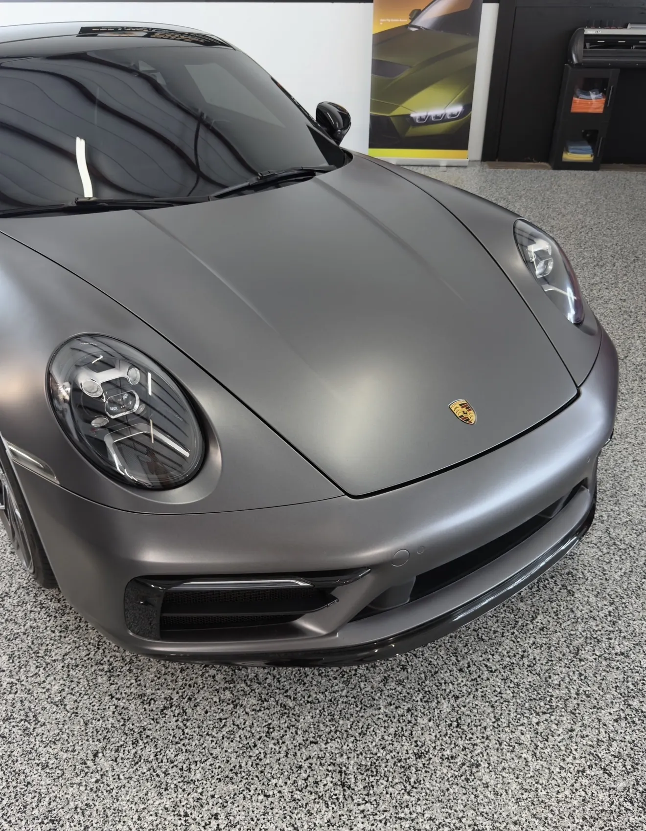 Porsche 911 in satin gray wrap at Gulf Coast Auto Studio